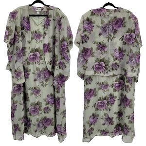 Vintage 80's Dress Set Plus Size‎ 32W Crinkle Chiffon Shift Maxi Floral Sage